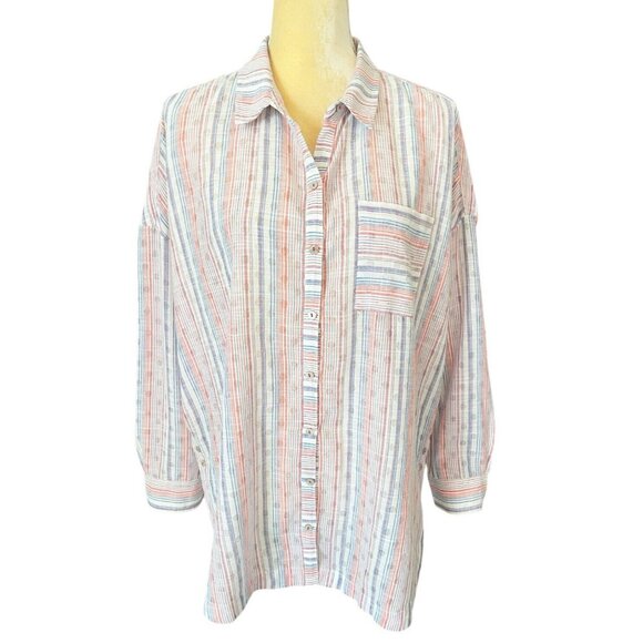 Maeve Anthropologie Breckenridge Striped Button Up Tunic Blouse Shirt SZ Medium - Picture 2 of 10